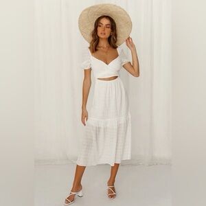 Hello Molly White Puff Sleeve Cut Out Midi Dress | Wrap Boho Summer Dress Cotton